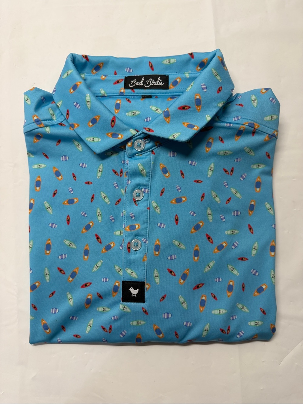 Bad Birdie Men's Light Blue Polo with Multicolor‎ Kayak Print